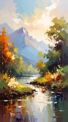 A vibrant, colorful landscape painting depicts a serene river winding through a valley nestled amongst majestic mountains, showcasing a blend of warm and cool colors, with visible brushstrokes.