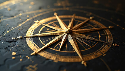 Intricate golden compass rose detail. Ornate wind rose on dark textured background with celestial map lines. Shiny metal navigation tool hints at adventure and exploration.
