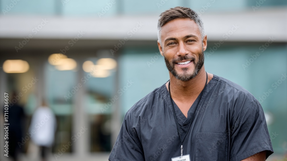Poster a man in a black scrubs is smiling and wearing a name tag. he is standing in front of a building