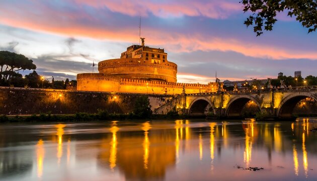 Ancient Roman fortress at sunset reflecting on the river