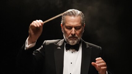 An elegant mature maestro in a black bowtie and suit jacket leading an orchestra with his baton for a dramatic philharmonic classical music concert performance - Powered by Adobe