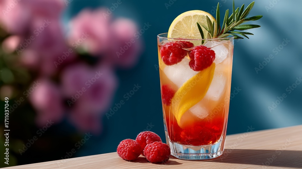 Poster a glass of raspberry and mango juice with a lemon slice on top. the drink is served on a wooden tabl