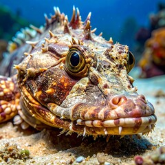 Close-up underwater shot of a unique fish, showcasing its intricate skin patterns and large eyes.