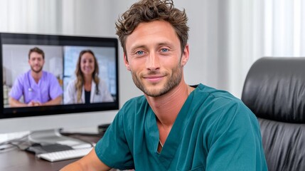 A man in a green scrubs is sitting in front of a computer monitor with two other people on the screen