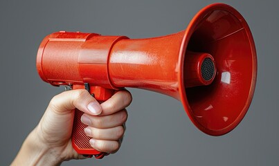 Fototapeta premium A hand holding a red megaphone against a gray background