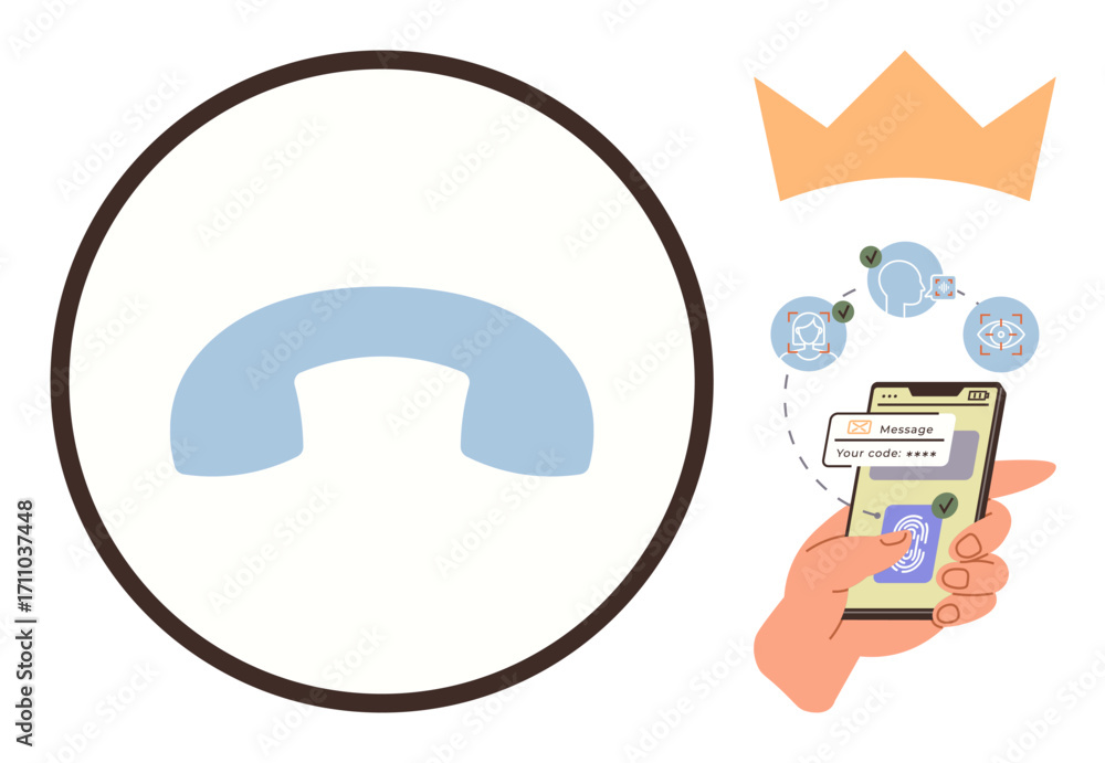 Poster hand holding smartphone displaying security code message surrounded by encryption icons, phone recei