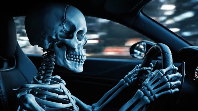 A spooky skeleton driver grips the steering wheel of a fast car symbolizing the dangers of reckless driving and the macabre concept of death taking the wheel on a final ride