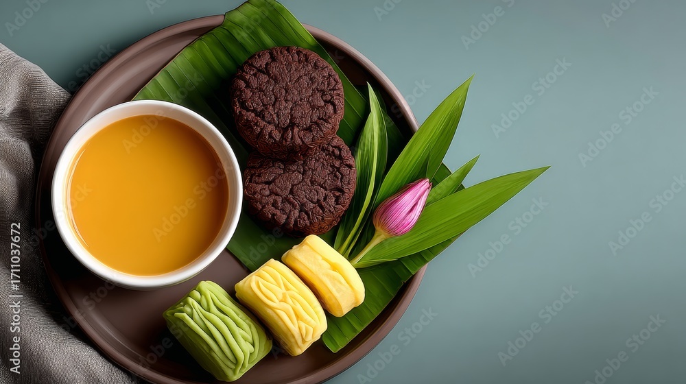 Poster a plate of assorted cookies and a bowl of soup. the plate is on a table with a green background