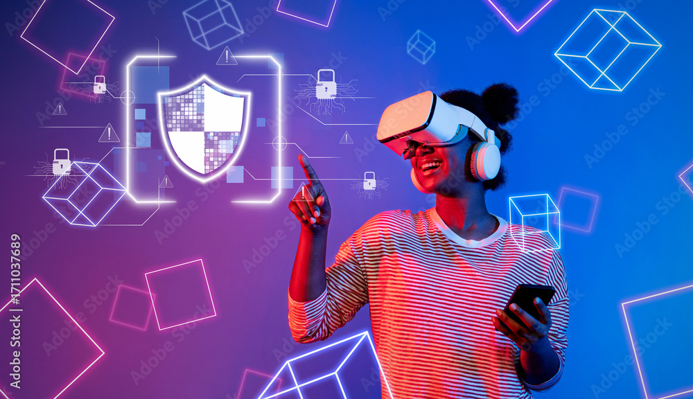 Poster a diverse woman enthusiastically interacts with a virtual reality headset, promoting cyber security 