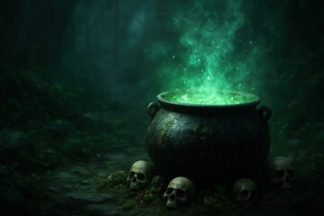 Ancient witch cauldron with glowing fire and magical mist in haunted forest under full moon