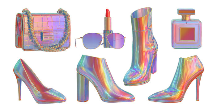 Colorful Abstract Fashion Accessories with Iridescent Style on Transparent Background