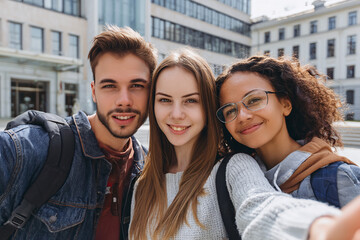 Friends lifestyle selfie in city university campus carrying books and backpacks