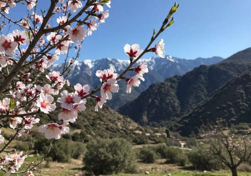 Pink almond tree blossom with snow-capped mountain backdrop. Spring landscape with blooming flowers and blue sky for nature concept.