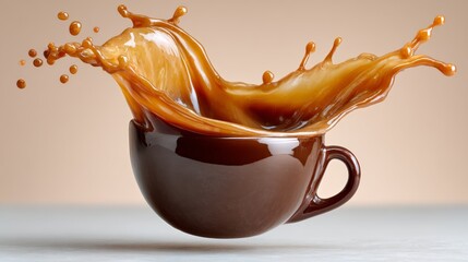 A cup of coffee is poured into a cup, and the liquid is splashing out of the cup. Concept of motion and energy, as if the coffee is being poured out of the cup with force