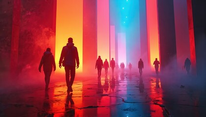 People walk through futuristic cityscape with vibrant neon lights. Silhouettes of people move along colorful street. Cityscape tall buildings with bright neon light. Fog on ground. People in motion.