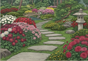 Traditional japanese garden with stone path and bridge. Serene landscape design with colorful chrysanthemum flowers and natural stone lantern.