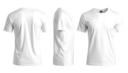 Three-view presentation of a plain white t-shirt, showcasing its design and construction details on a clean backdrop.