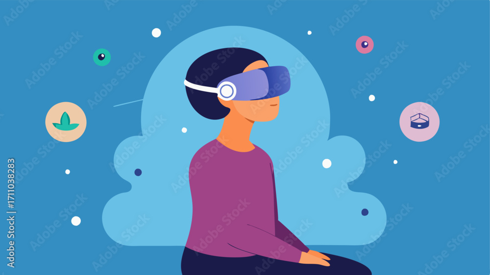 Poster floating in clouds a patient in a cozy chair with a vr headset immersed in a dreamlike scene of floa