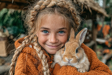 Child embraces soft bunny in gentle hug with bright outdoor background