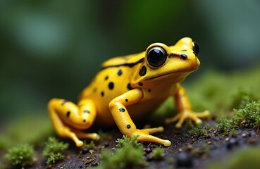Fototapeta premium Small bright yellow frog with black spots rests on mossy ground. Wild amphibian has large dark eyes and textured skin, showcasing its vibrant natural habitat. Focus on reptile detail.