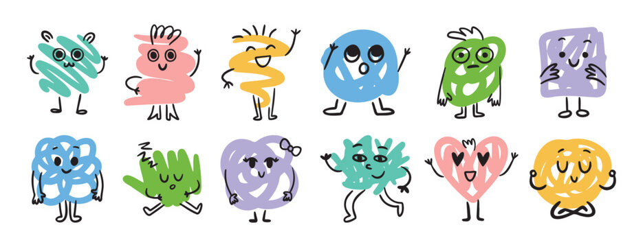 Abstract funny scribble characters different emotions and faces. Cute doodle hand drawn characters set.