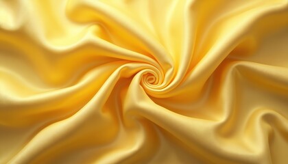 Obraz premium Close-up view of yellow fabric with spiral folds. Fabric has smooth shiny surface with creases. Material appears to be silk or satin. Texture of fabric is visible with swirling pattern.