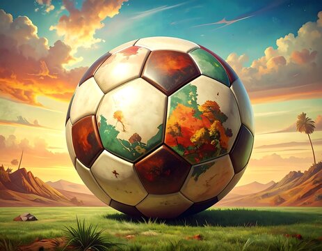 Vintage soccer ball with world map design on a grassy landscape - Powered by Adobe