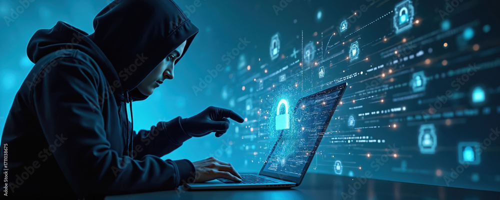 Poster hacker in hood working on laptop. cybercrime theft concept. digital data security attack. man hacks 