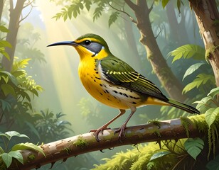 A vibrant illustration showcases a yellow and green bird perched on a branch amidst a lush, sunlit rainforest.