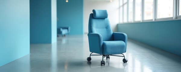 A blue, comfortable armchair with wheels sits in a minimalist, bright room. The modern furniture piece is designed for patient comfort and waiting areas. It offers support and relaxation.