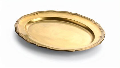 Ornate golden-colored metal plate with scalloped edge design and reflective surface, placed on a plain white background—highlighting elegance, craftsmanship, and ceremonial or decorative appeal.
