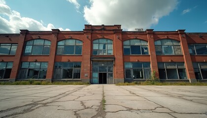 Red brick industrial building with large arched windows sits abandoned. Overgrown vegetation surrounds the empty structure. Cracked concrete forecourt leads to decaying entrance, under a cloudy sky.