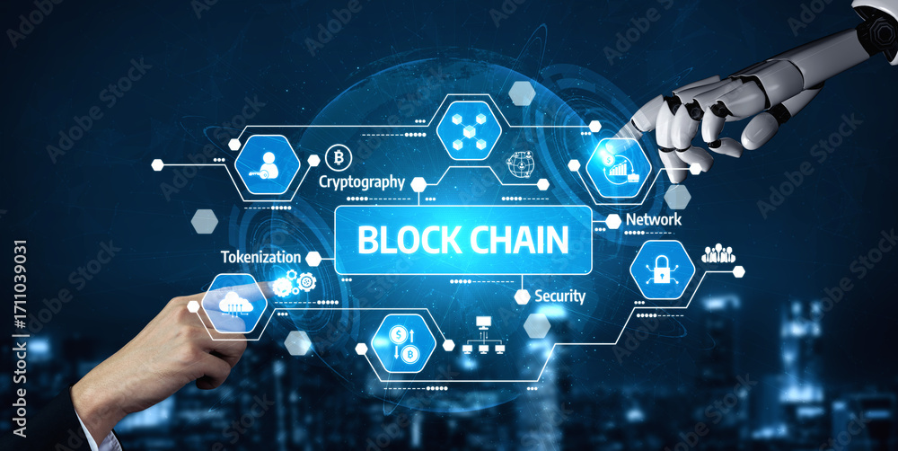 Poster a captivating illustration of a blockchain network interaction, depicting a robotic hand and human h