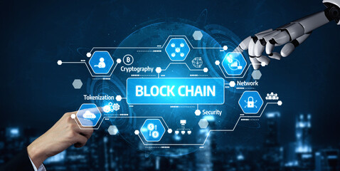 A captivating illustration of a blockchain network interaction, depicting a robotic hand and human hand engaging with virtual data and security elements in the background. Tessel