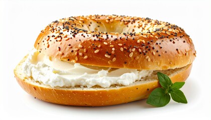 Sliced sesame bagel with glossy golden-brown crust and soft interior, generously spread with smooth white cream cheese, placed on a neutral surface&mdash;highlighting texture, contrast, and the appeal of a 