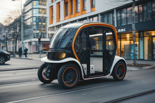 Compact electric quadricycle driving on smart city bike lanes in modern urban district
