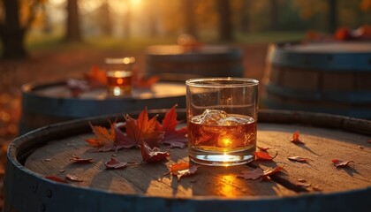 Amber whiskey drink rests on wooden barrel top surrounded by fall leaves. Warm autumn sunset light glows through trees and bottle. Cozy outdoor scene.