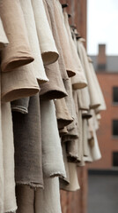 Neutral fabrics hang in a row, displaying varying shades of beige and brown. The texture is rough and homespun. Building in the distance.