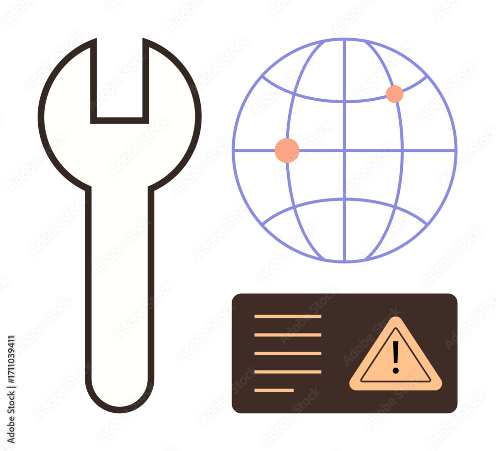 Poster wrench tool, globe with connection nodes, and alert in ui card emphasizing maintenance, global conne