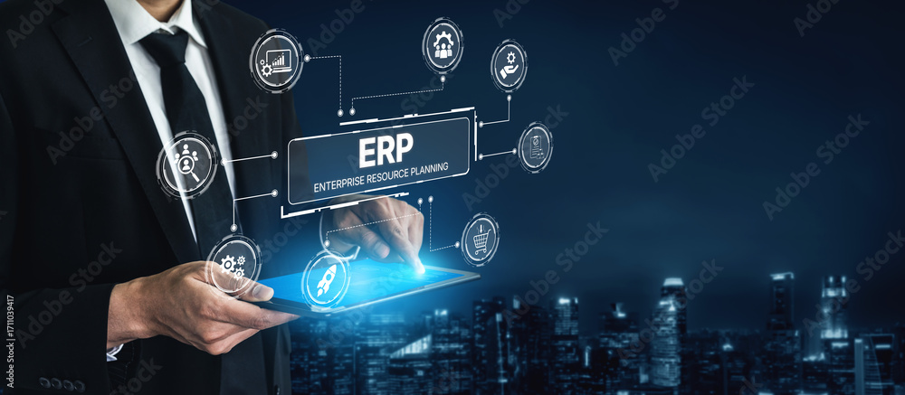 Poster erp platform visual showing centralized system for enterprise resource planning, improving integrati