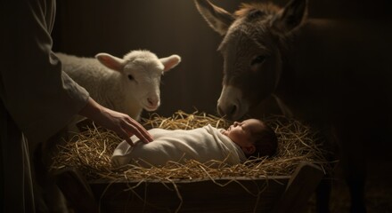 Mary gently touching baby Jesus in manger with lamb and donkey. Bethlehem humble birth of Lord. Christmas nativity scene, religious concept.