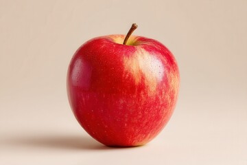 A single red apple with a smooth surface and a small brown stem. The apple is placed on a light beige background, highlighting its vibrant color.