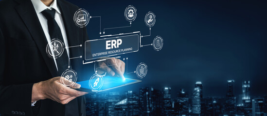 ERP platform visual showing centralized system for enterprise resource planning, improving integration, data flow, business efficiency, finance, inventory, and human resources. Spline