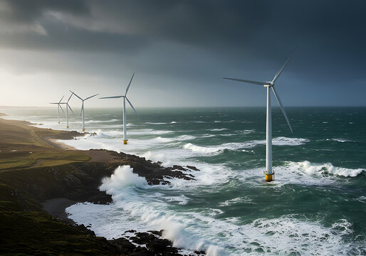 Renewable energy production from wind turbines on a rocky coast with turbulent ocean waves under a dramatic sky