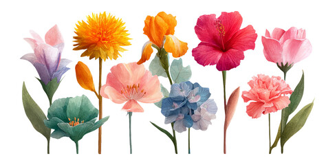 Obraz premium Vibrant Floral Illustration with Various Flower Types on Transparent Background