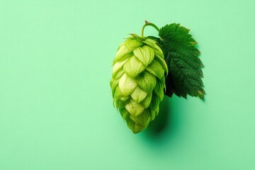 Fototapeta premium A fresh green hop cone with a leaf on a mint green background. The hop cone is plump and vibrant, showcasing its unique texture and shape.