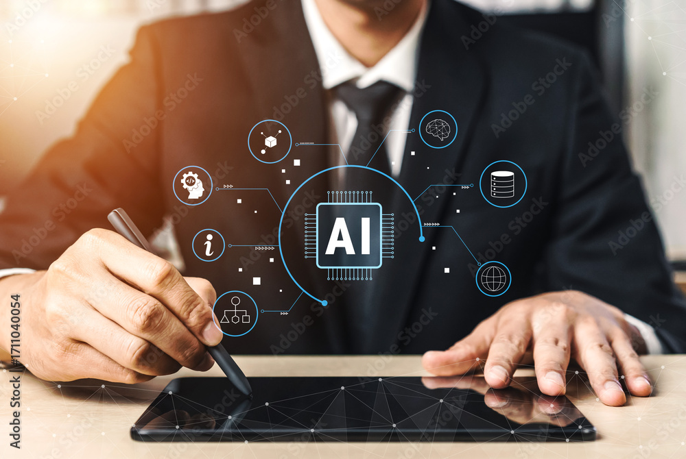 Poster artificial intelligence (ai) as a core technology. a concept of an ai ecosystem powering data analys