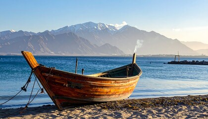 A weathered wooden fishing boat rests on a sandy beach, facing the serene blue water, with distant snow-capped mountains rising above the horizon.