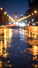 City street at night, reflected in a puddle, showcasing the soft light of urban lamps.