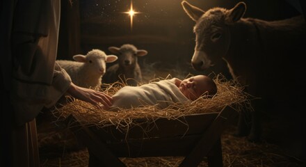 Nativity scene with baby Jesus sleeping in a manger with Mary's hand, surrounded by animals. Christian religious Christmas story.